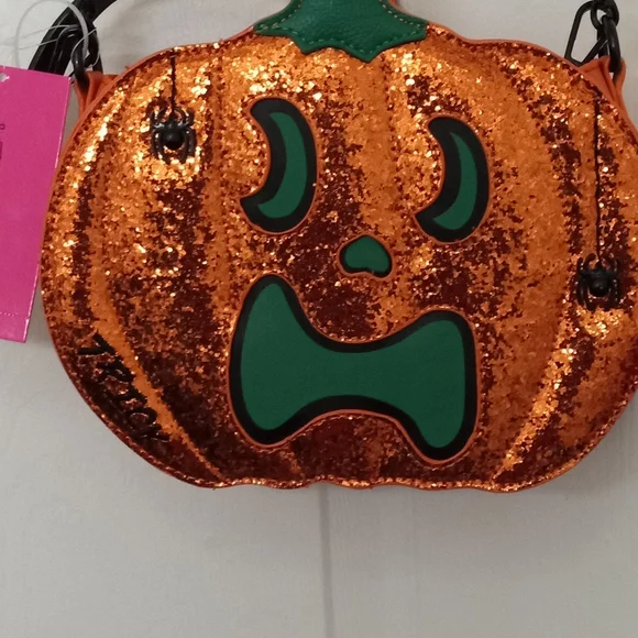 Betsey Johnson Glittery Jack-o'-Lantern's Two Faces Trick or Treat Spider Bag - Picture 8 of 16